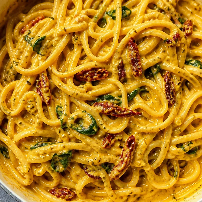 Delicious Vegan Sun-Dried Tomato Pasta served with fresh basil and cherry tomatoes.