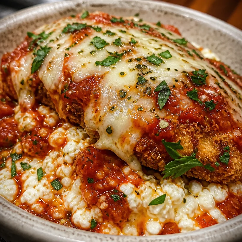 Cottage Cheese Chicken Parmesan Bowl featuring chicken, sauce, and cheese