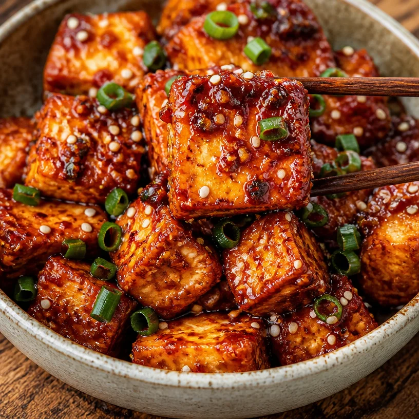 Plate of crispy gochujang tofu garnished with green onions and sesame seeds