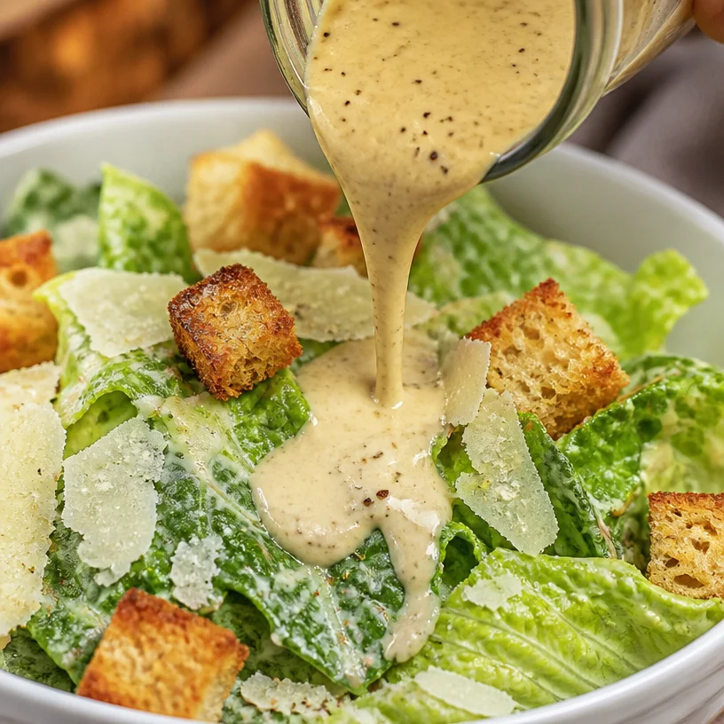 Creamy eggless Caesar salad dressing in a glass bowl with ingredients around