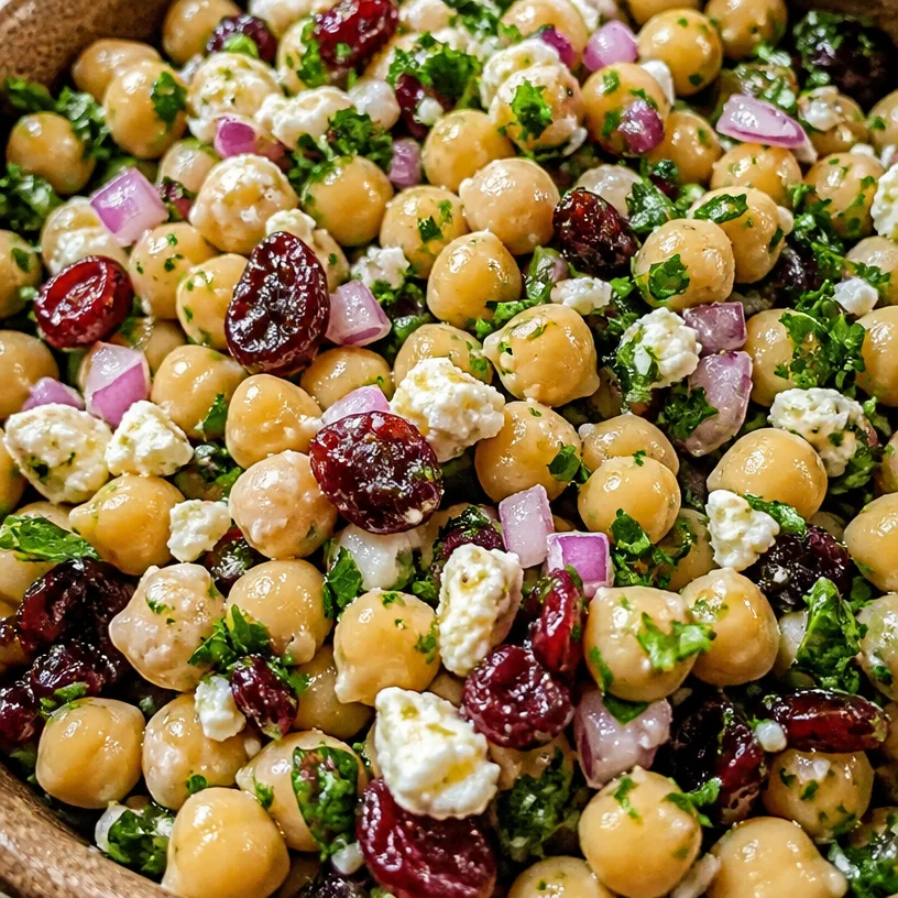 Feta and cranberry chickpea salad served in a bowl with greens and cranberries