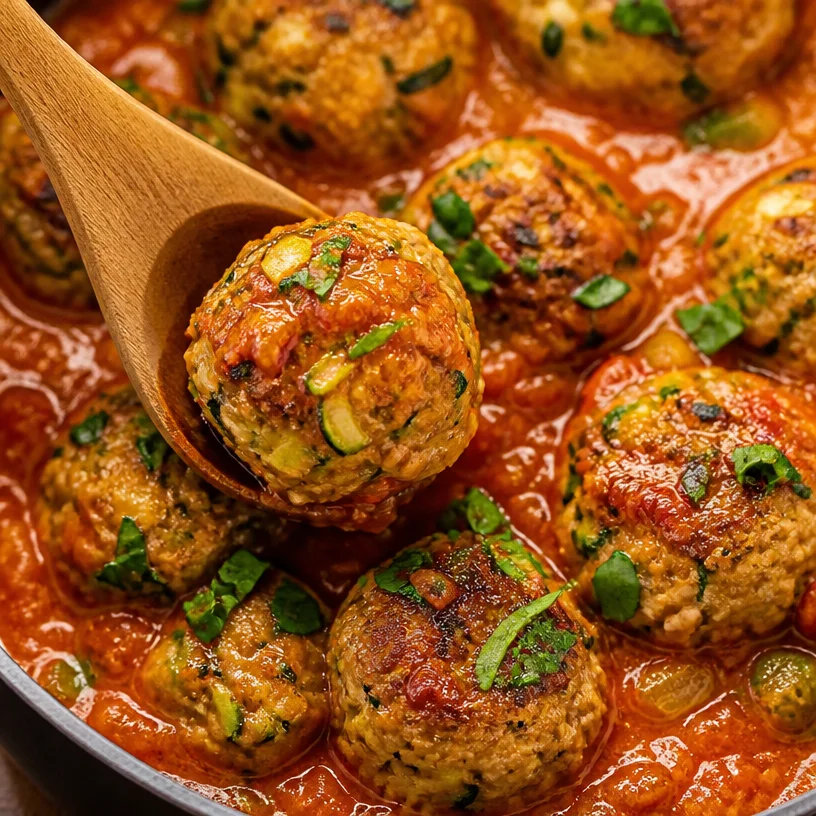 Oven baked turkey zucchini meatballs served on a plate, garnished with herbs.