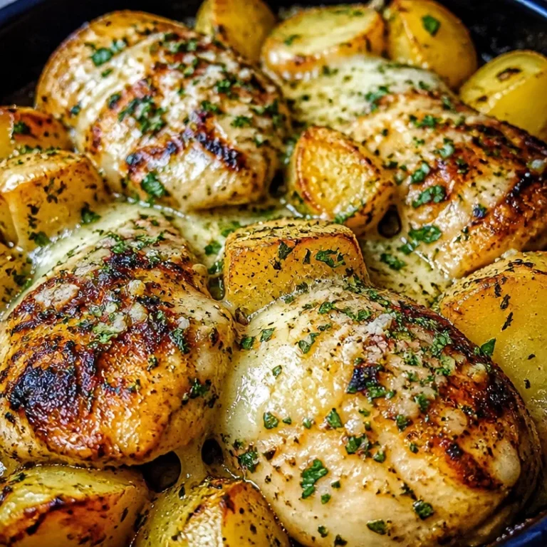 Garlic Parmesan Chicken served with roasted potatoes on a plate.