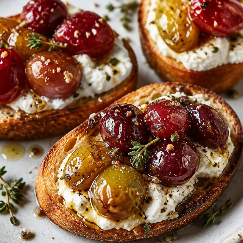 Herb-marinated feta with roasted grapes served on crispy crostini