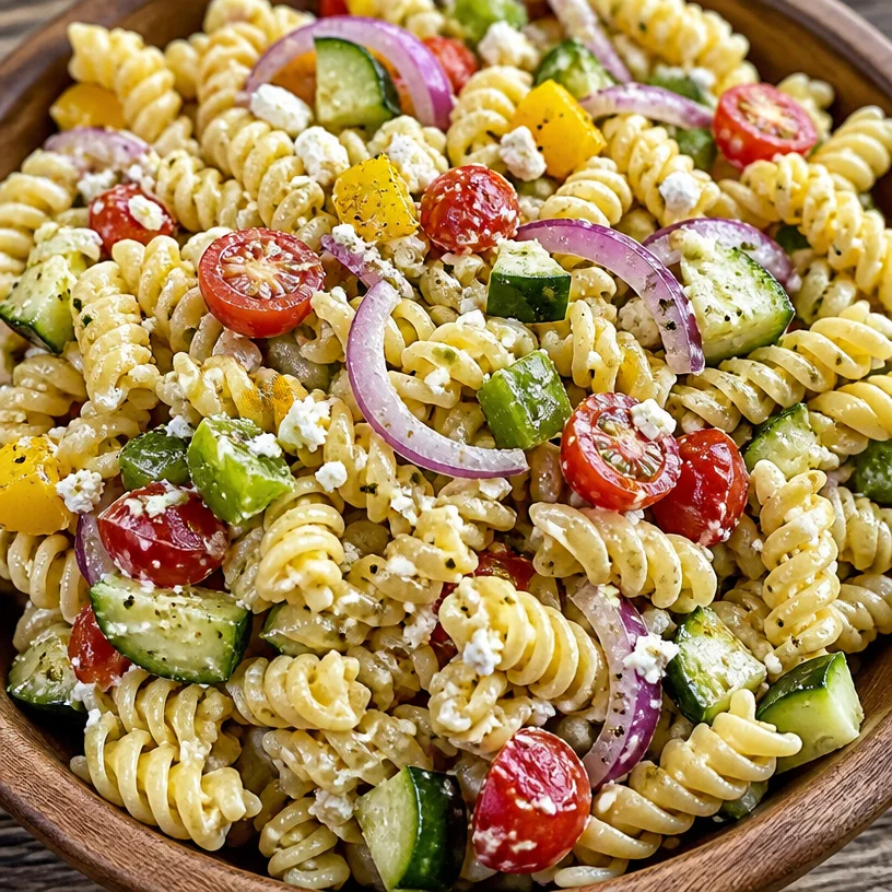 High protein Greek pasta salad with fresh vegetables and feta cheese
