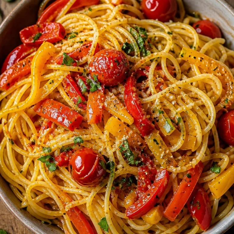 Colorful Italian Bell Pepper Pasta served in a bowl with fresh herbs