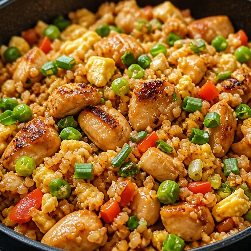 Low-carb cauliflower fried rice with chicken and egg in a bowl