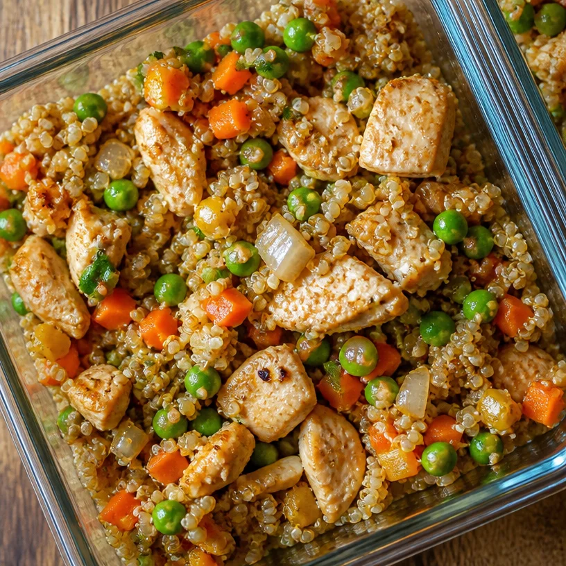 Meal Prep Chicken Quinoa Fried Rice Bowls with fresh vegetables and chicken