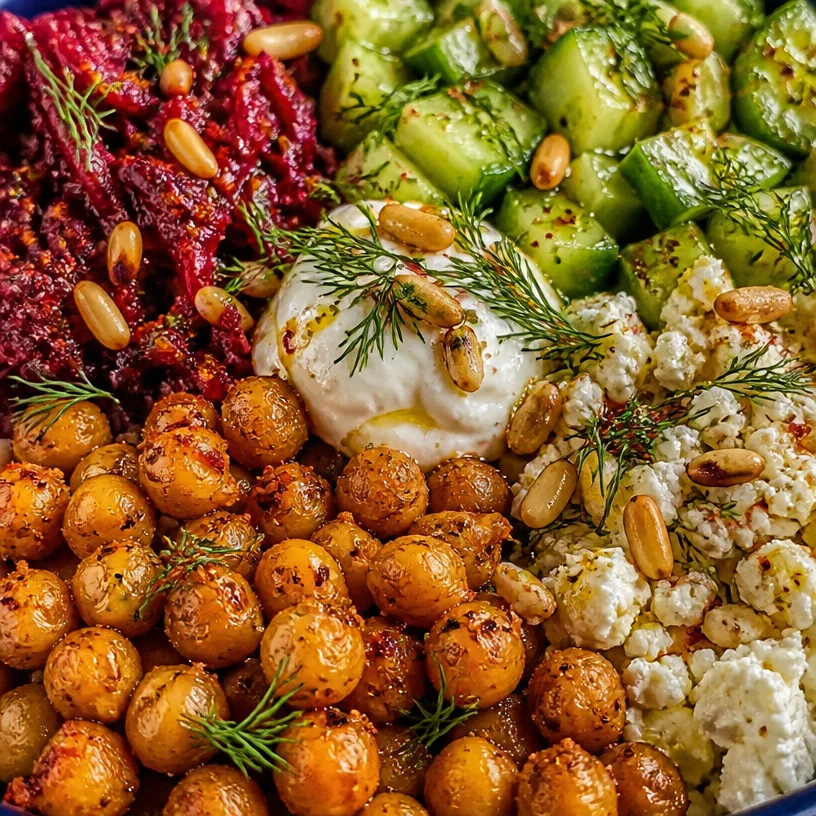 Mediterranean chickpea bowl with fresh vegetables and herbs.