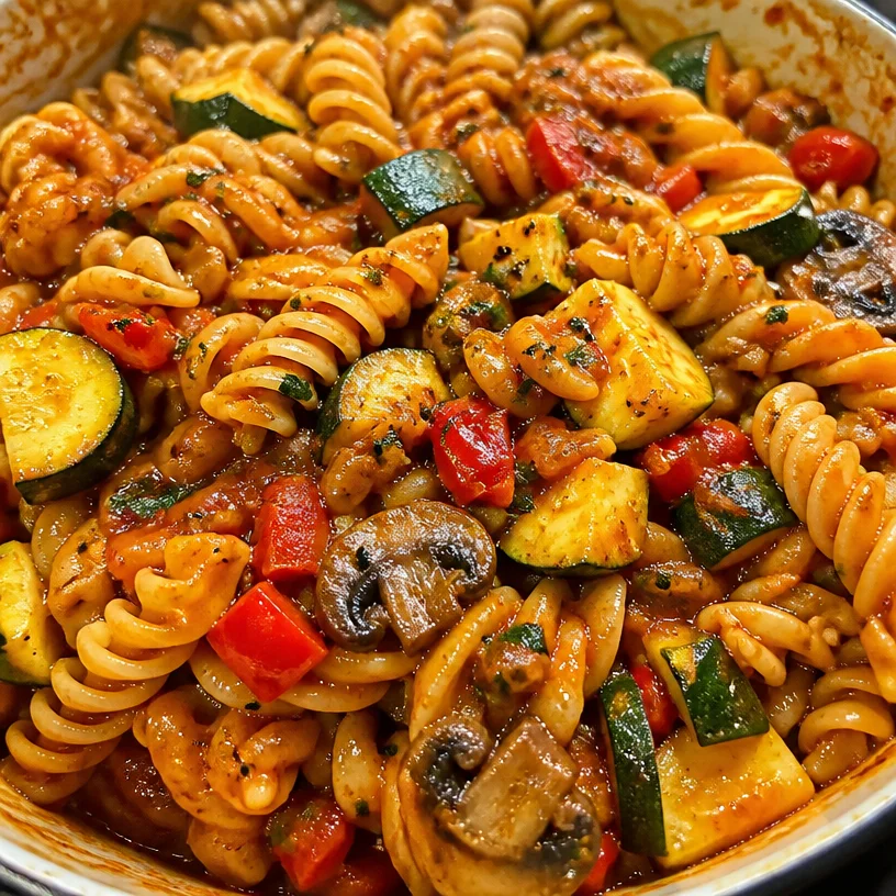 One Pot Veggie Pasta dish with colorful vegetables in a bowl