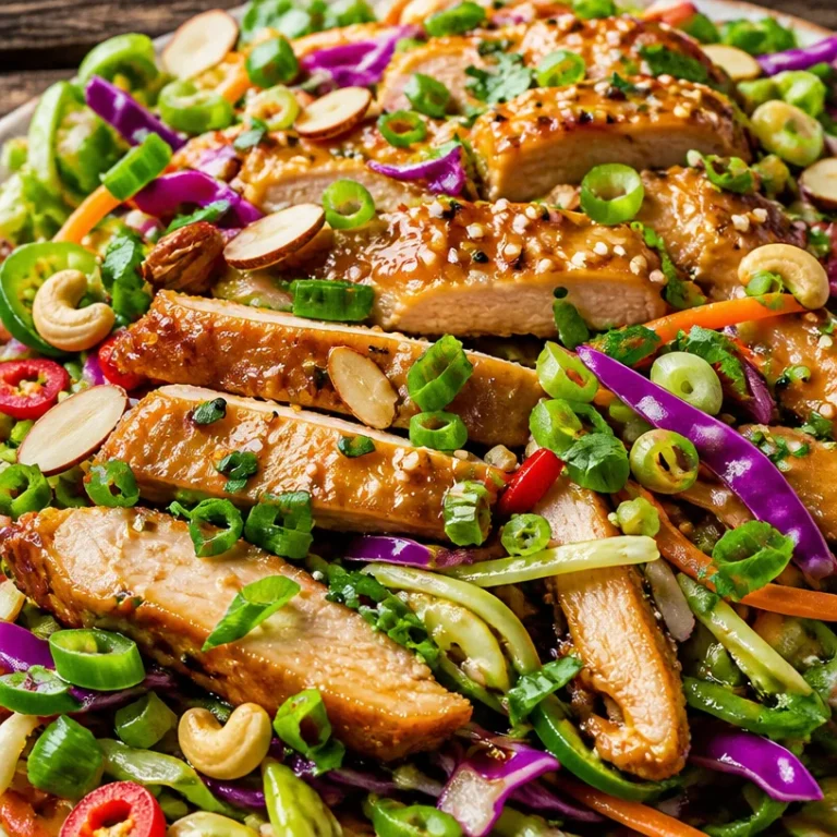 A vibrant bowl of Sesame Chicken Salad with fresh vegetables and sesame dressing