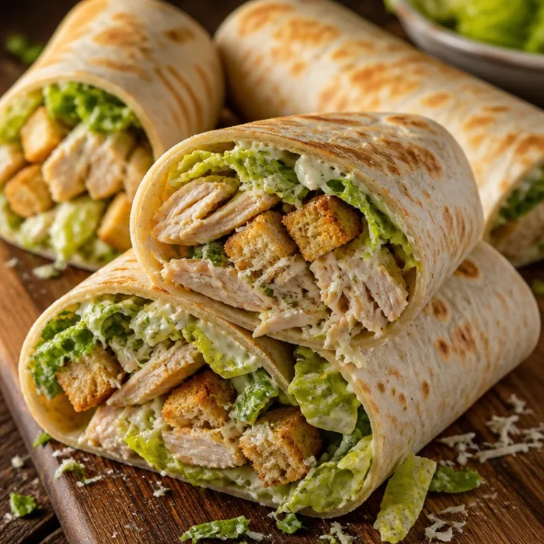Shredded chicken Caesar salad wraps filled with greens and dressing
