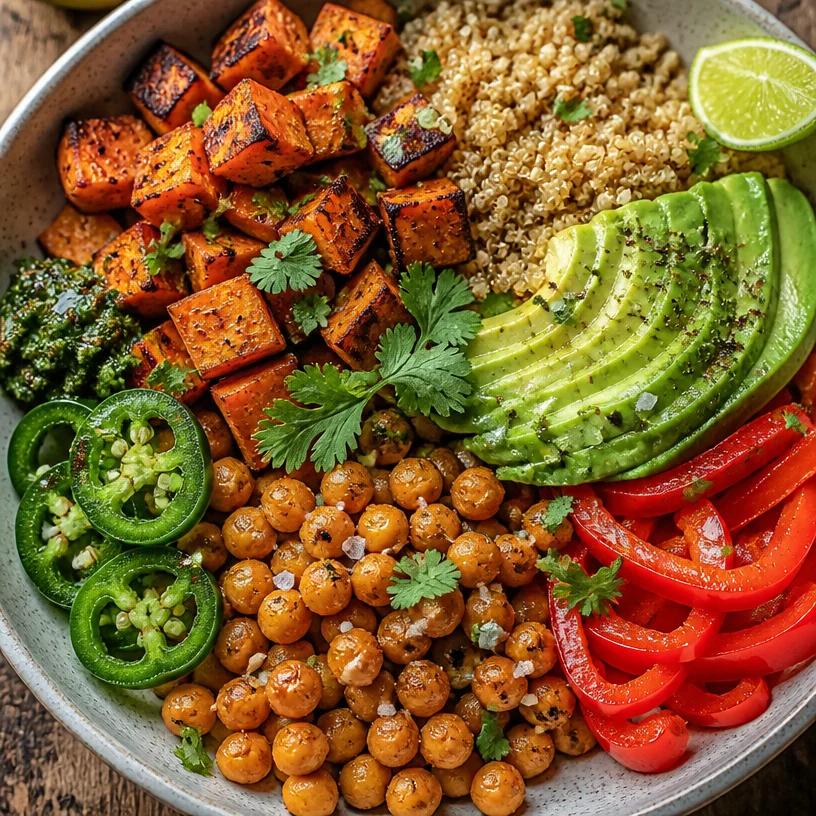 Colorful Sweet Potato Buddha Bowl with fresh vegetables and grains