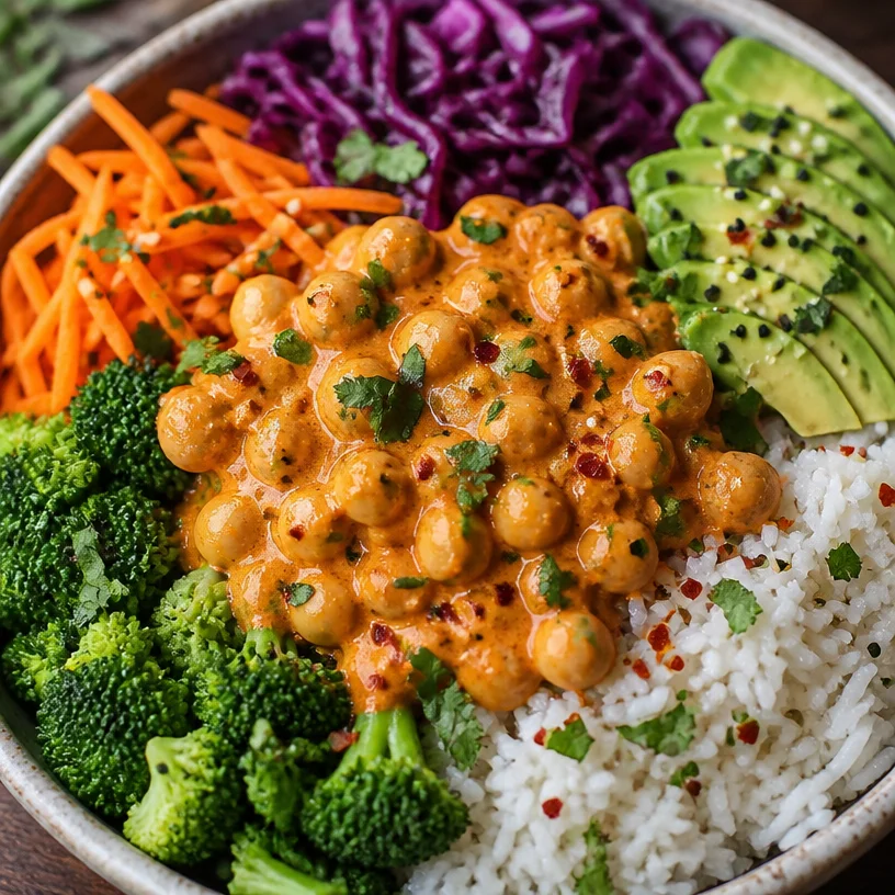 Colorful Vegan Buddha Bowl filled with fresh vegetables, grains, and legumes