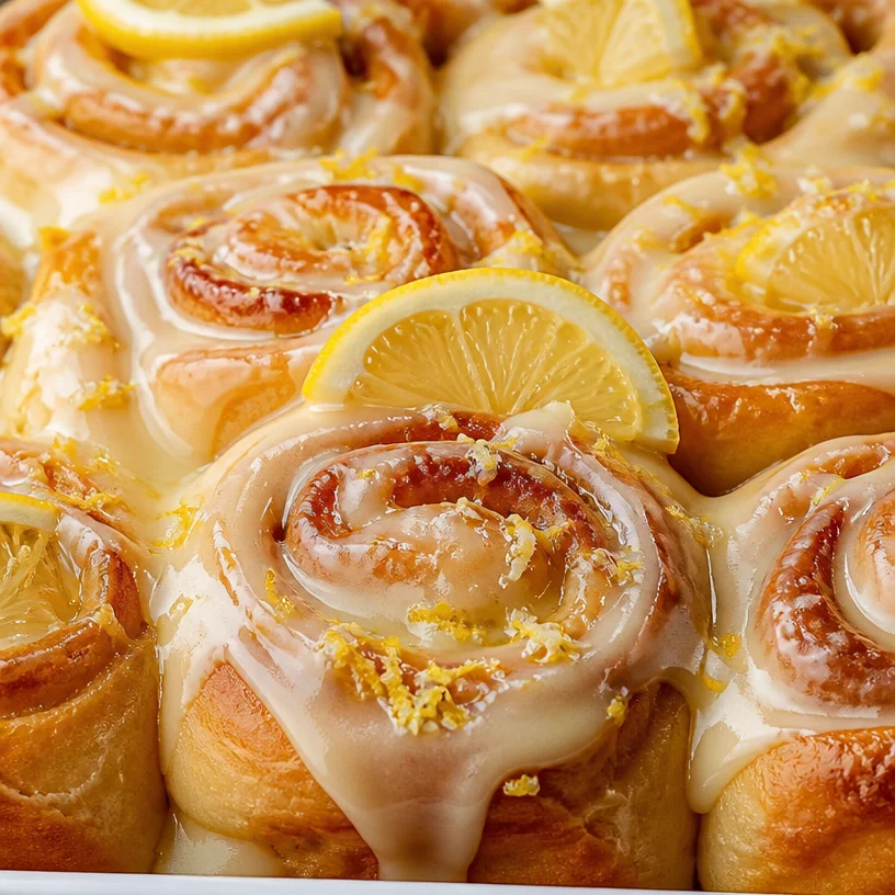 Freshly baked vegan lemon sweet rolls on a plate, topped with lemon glaze.