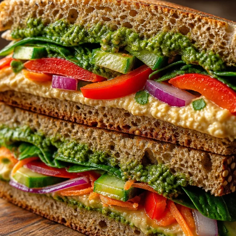 Vegan pesto and hummus veggie sandwich with fresh vegetables