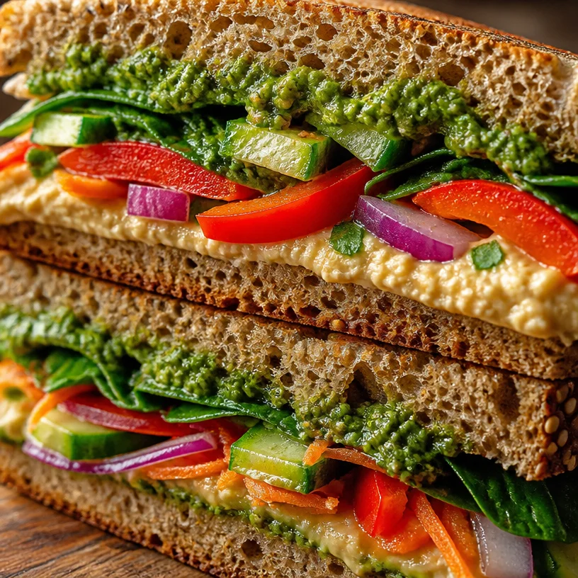 Vegan pesto and hummus veggie sandwich with fresh vegetables