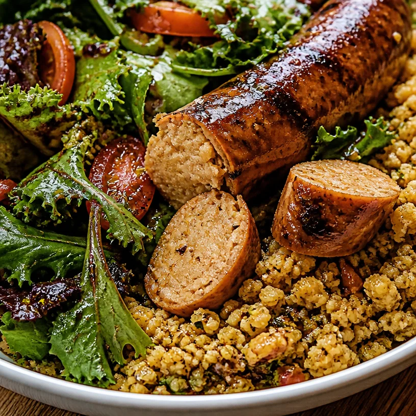 Plate of savory vegan sausage with vegetables and herbs