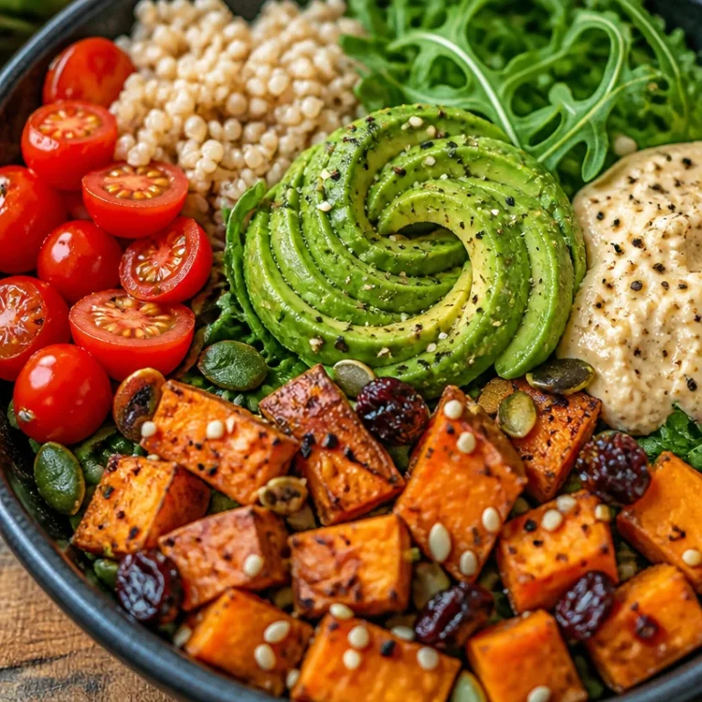 Vegan Sweet Potato Buddha Bowl with colorful vegetables and grains