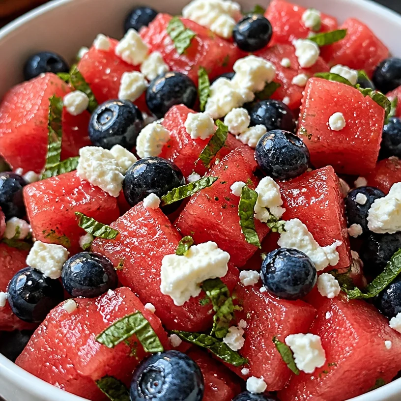 Delicious Watermelon Blueberry Feta Salad served in a bowl
