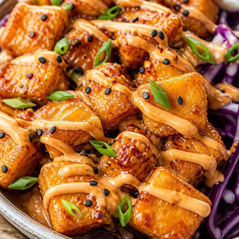 Crispy Air Fryer Bang Bang Tofu served with spicy sauce
