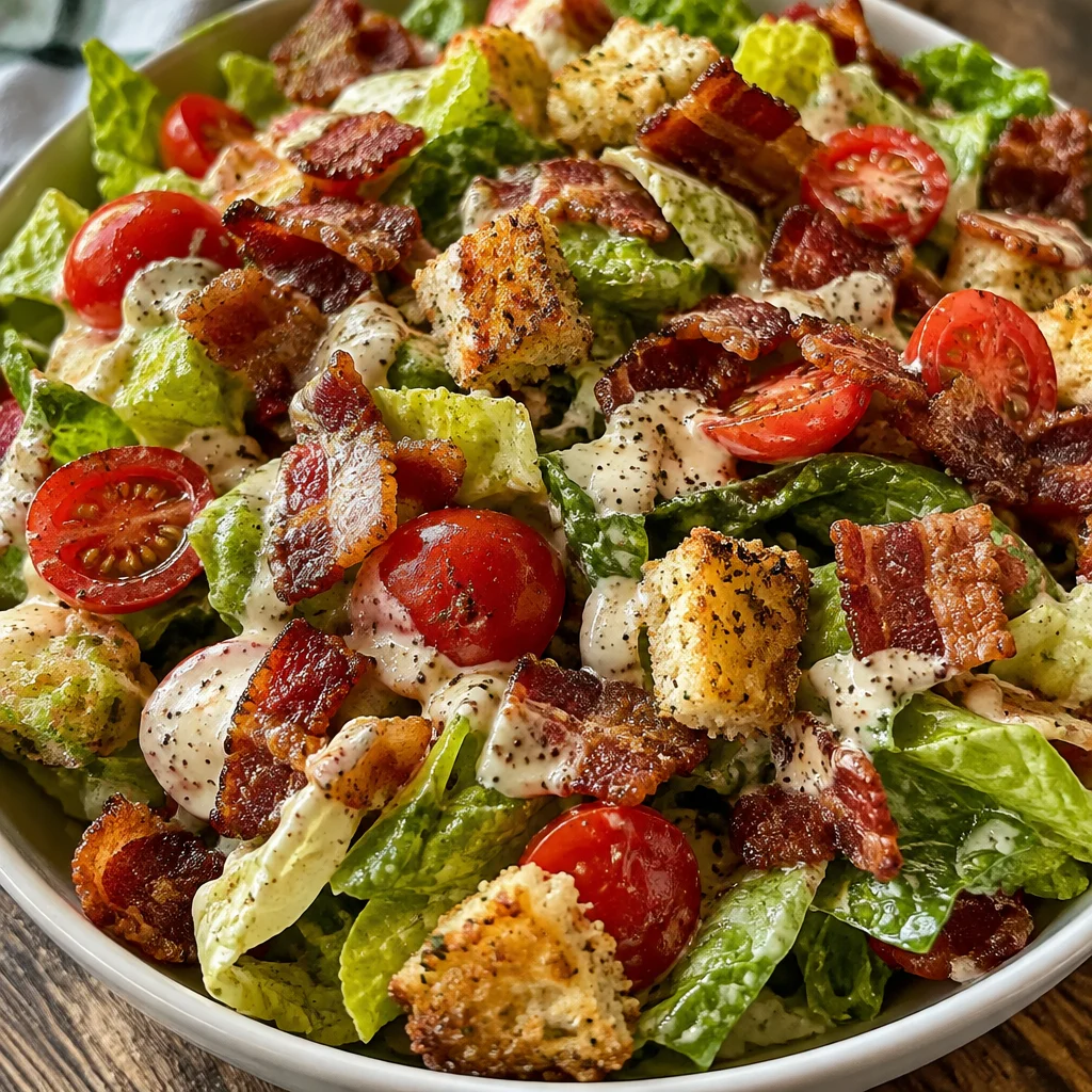 Colorful BLT Salad with bacon, lettuce, and tomatoes in a bowl