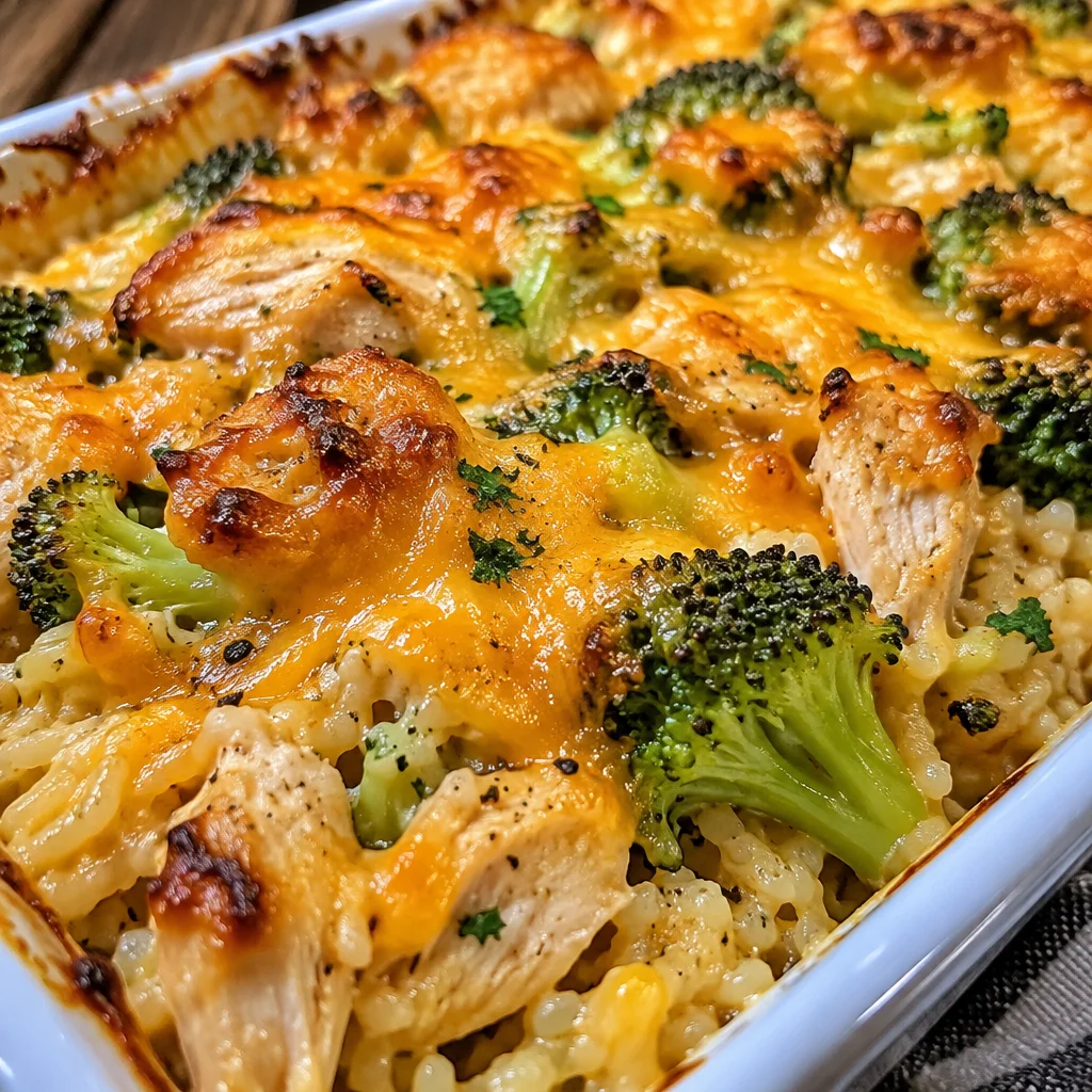 Cheesy broccoli chicken and rice casserole served in a baking dish