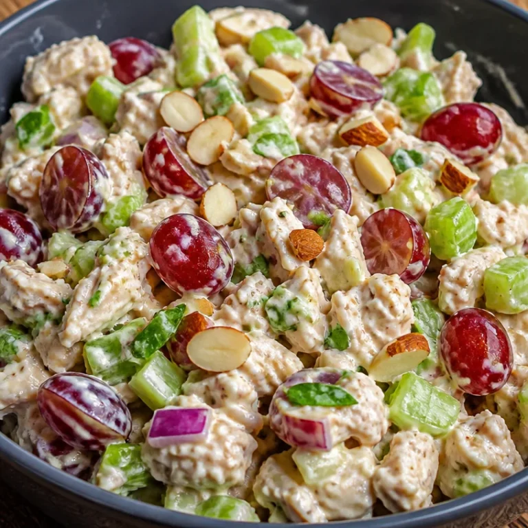 A bowl of Chicken Salad with Grapes and Greek Yogurt mixed with fresh ingredients.