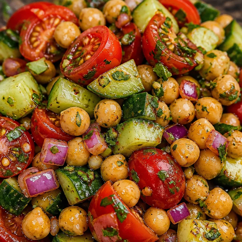 Chickpea Cucumber and Tomato Salad in a bowl with fresh herbs