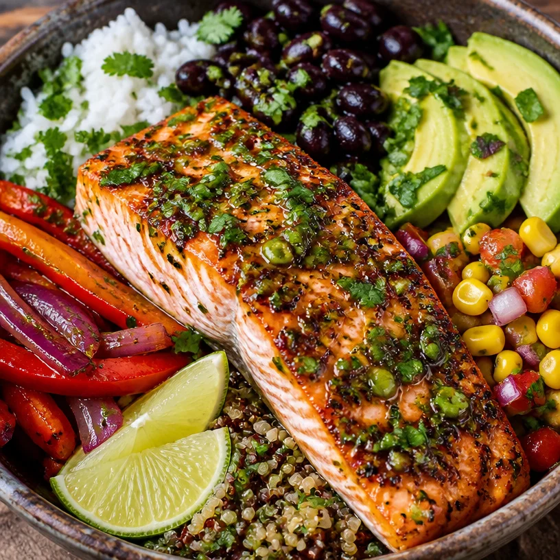 Cilantro Lime Salmon Nourish Bowl with fresh vegetables and grains