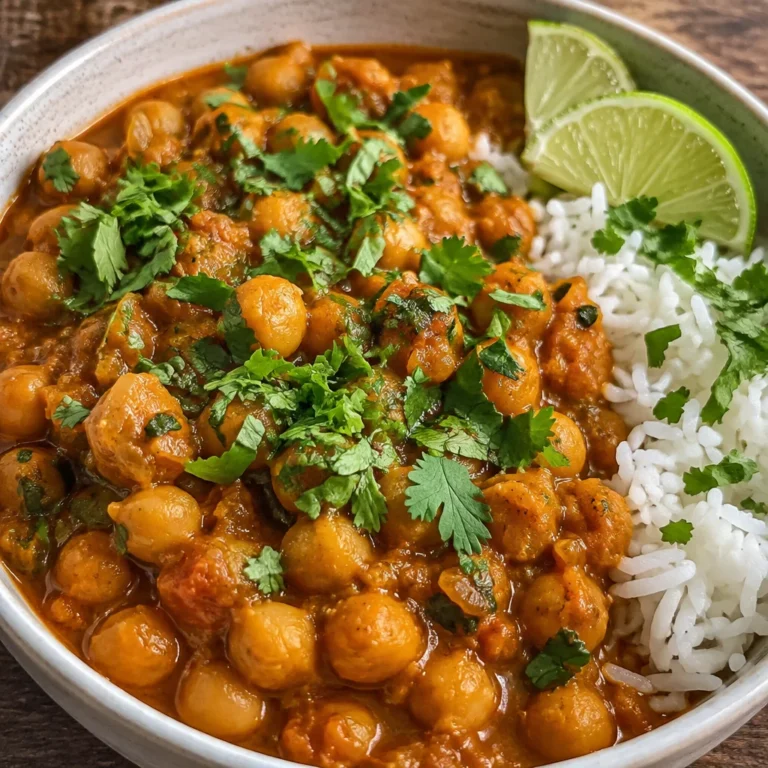 A bowl of easy chickpea curry garnished with cilantro and served with rice.