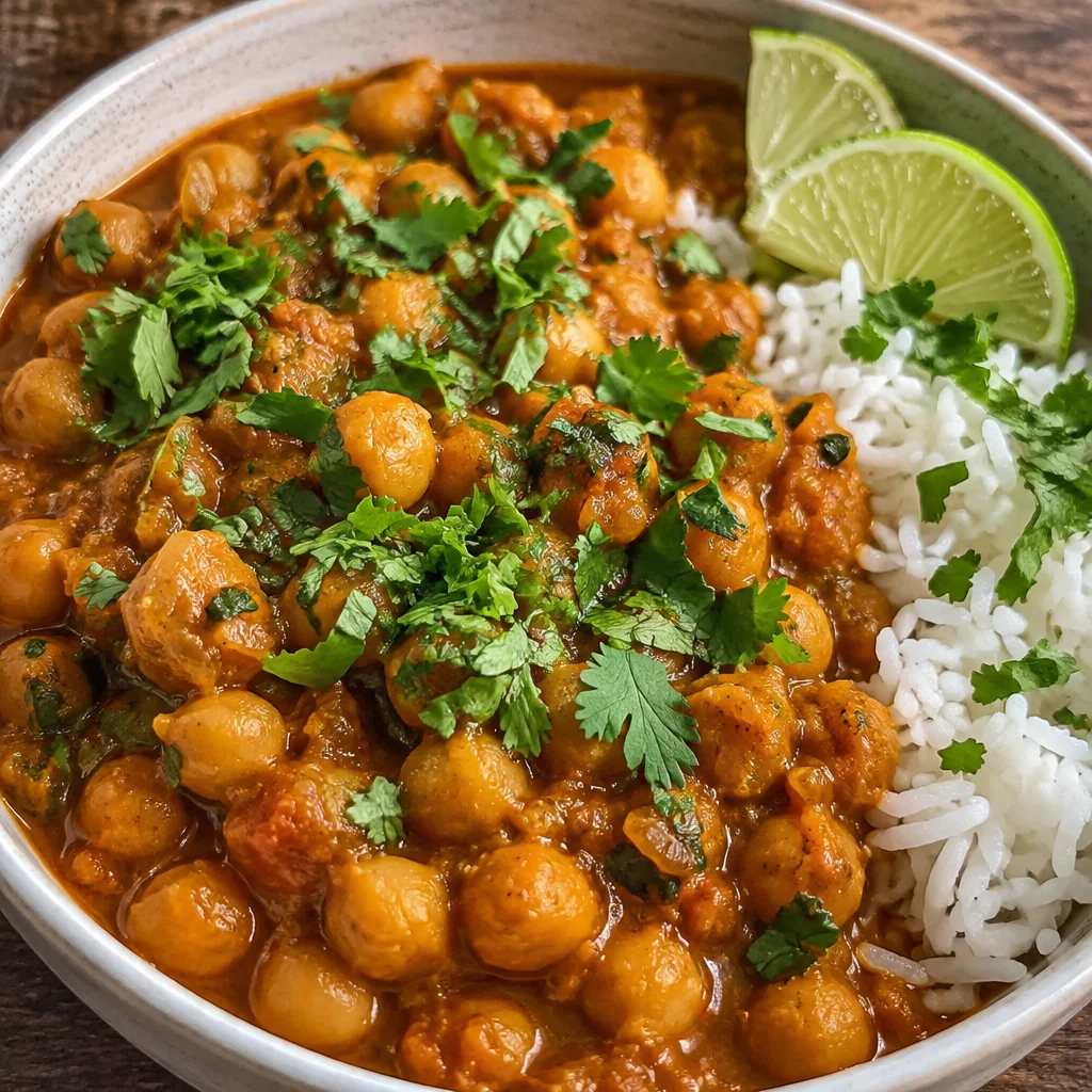 A bowl of easy chickpea curry garnished with cilantro and served with rice.