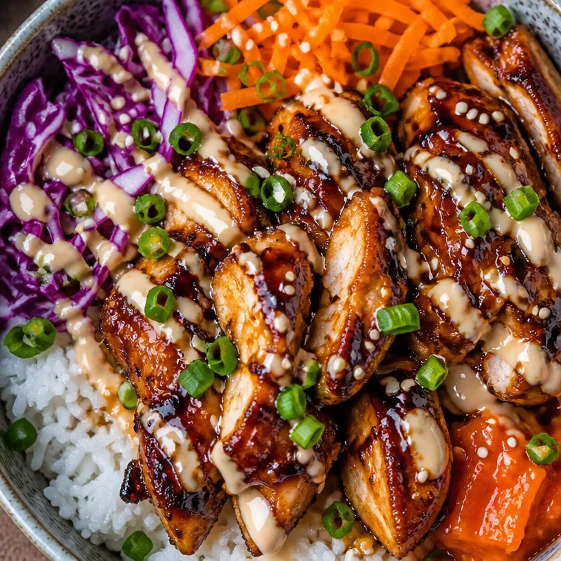 Easy Korean BBQ Chicken Rice Bowls with vibrant vegetables and flavorful sauce