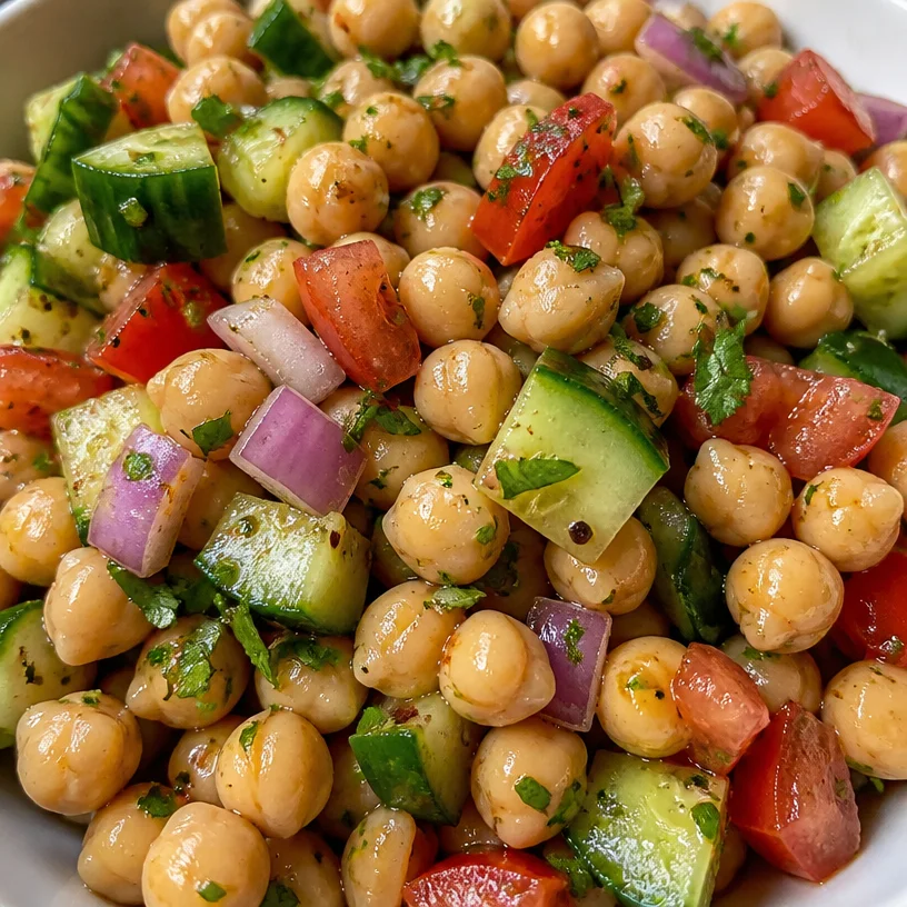 Delicious and healthy chickpea salad served in a bowl with fresh vegetables
