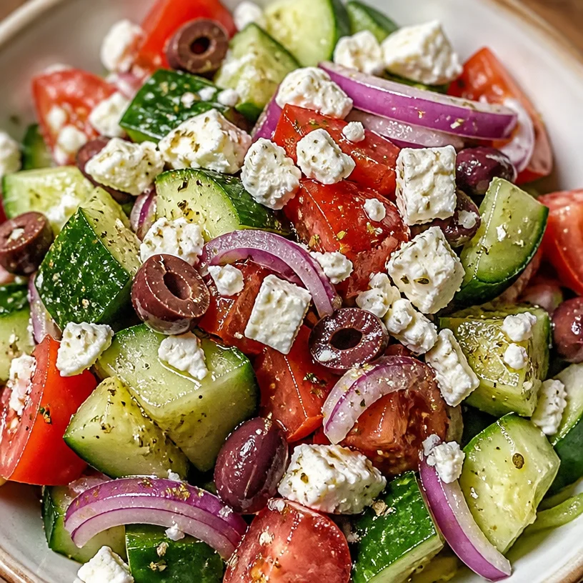 Greek cucumber salad with tomatoes, feta cheese, and olives in a bowl.