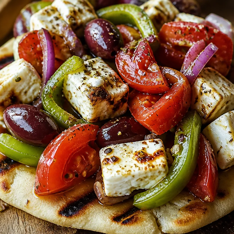 Delicious Grilled Greek Salad Pita filled with fresh vegetables and feta cheese