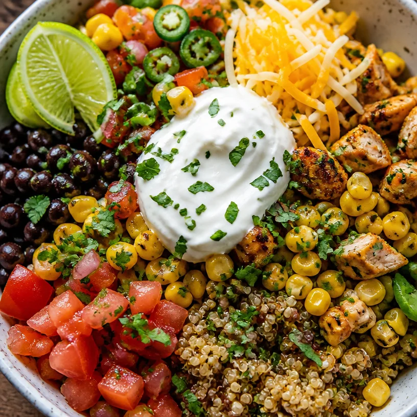 Healthy quinoa taco bowl with fresh vegetables and toppings