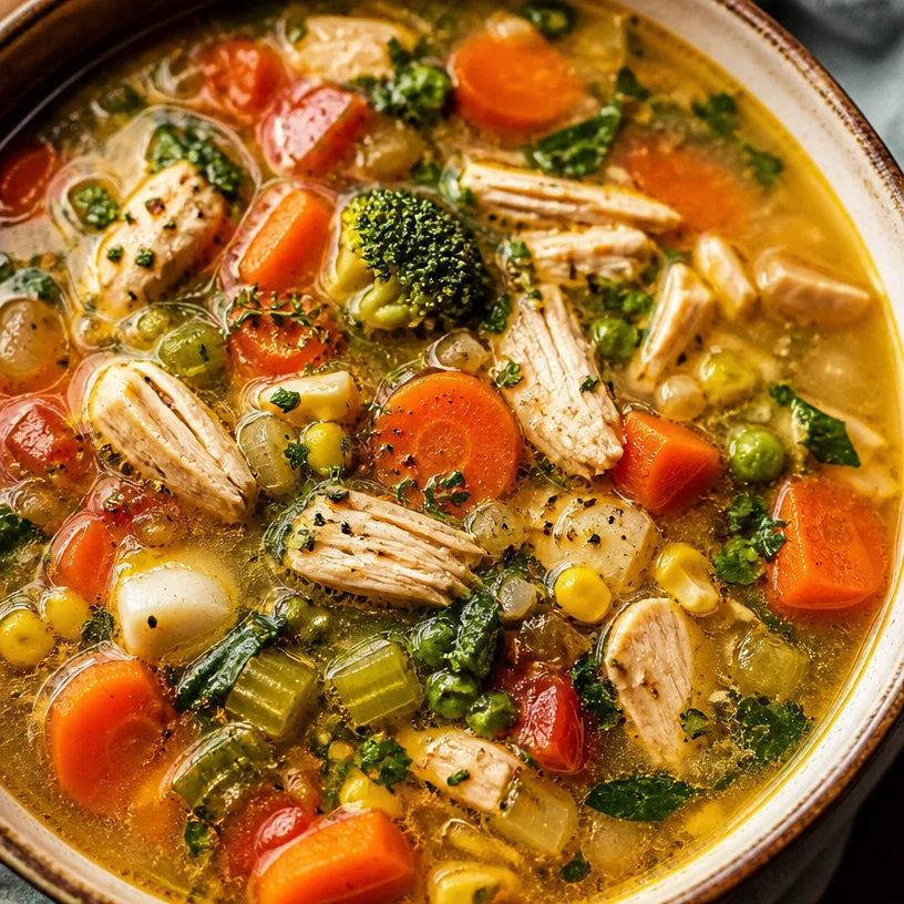 Bowl of Hidden Veggie Chicken Soup with vibrant vegetables and chicken pieces