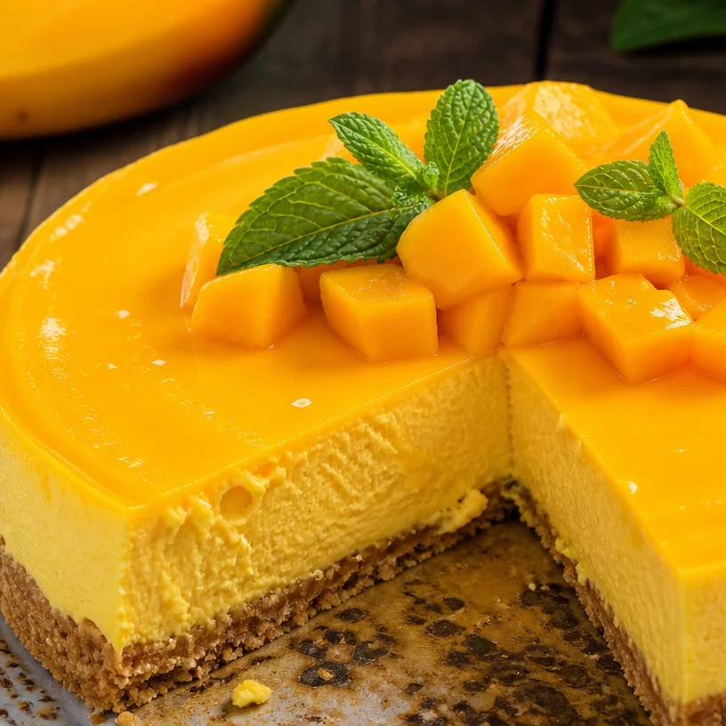 High protein mango mousse cake topped with fresh mango slices and whipped cream.
