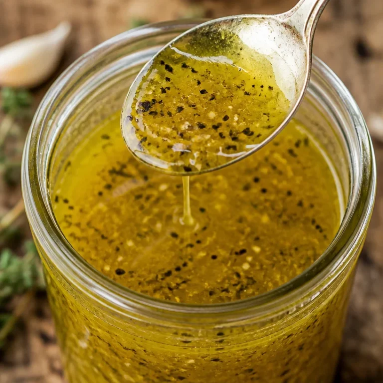 A jar of homemade white balsamic vinaigrette with salad ingredients.