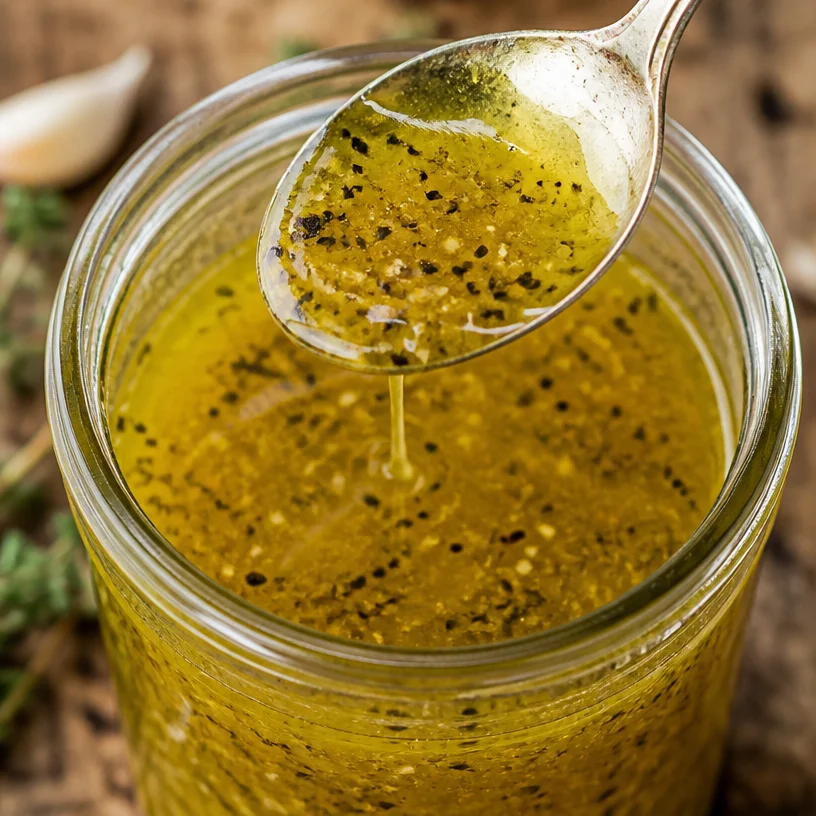 A jar of homemade white balsamic vinaigrette with salad ingredients.
