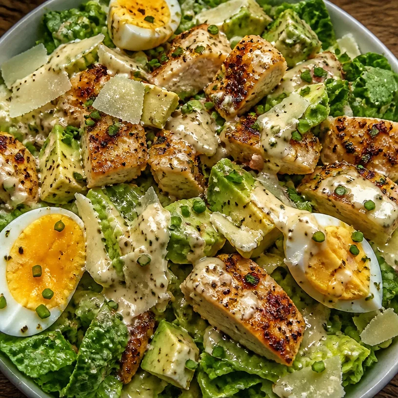 Low Carb Chicken Caesar Salad with grilled chicken, lettuce, and Caesar dressing