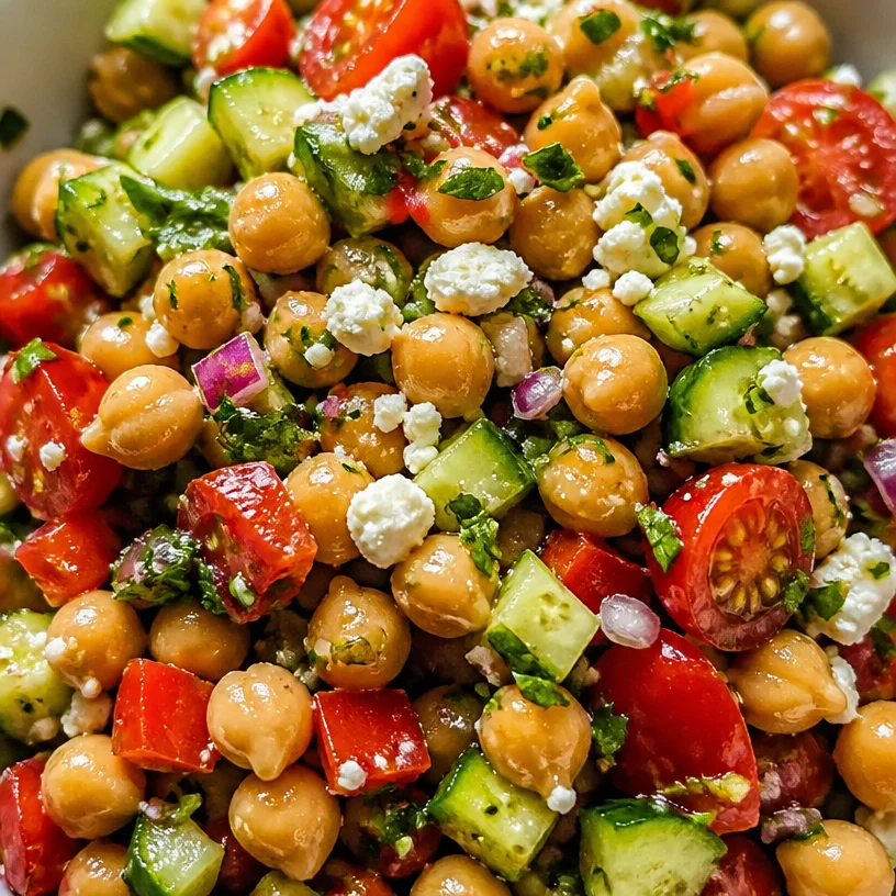 Mediterranean Chickpea Salad topped with lemon vinaigrette dressing