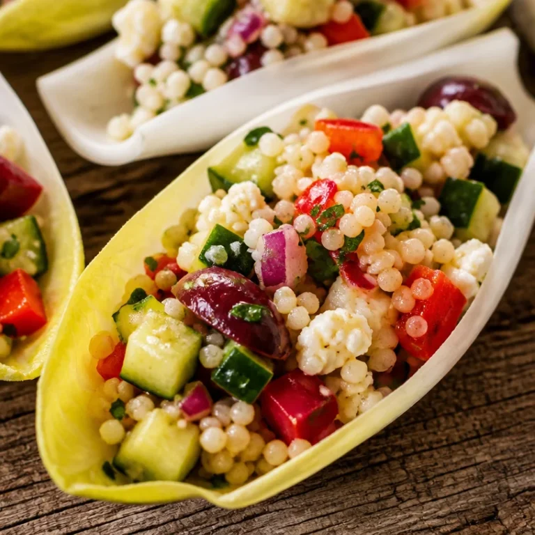 Mediterranean couscous salad served in endive leaves for a healthy dish