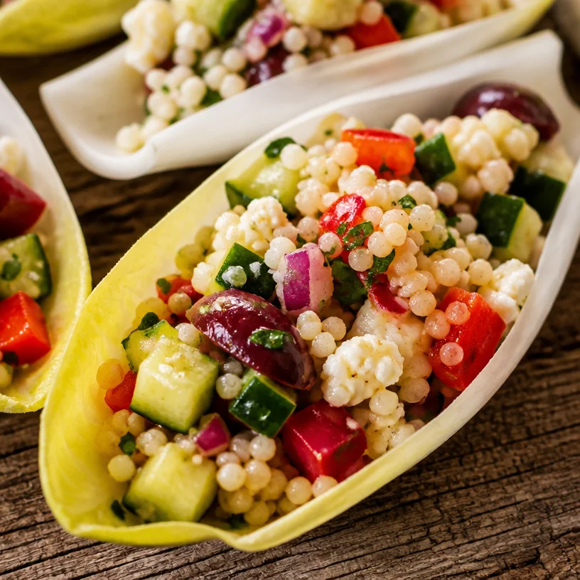 Mediterranean couscous salad served in endive leaves for a healthy dish