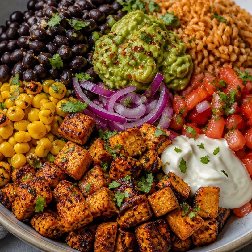 Mexican Buddha Bowl with Garlicky Black Beans and colorful vegetables