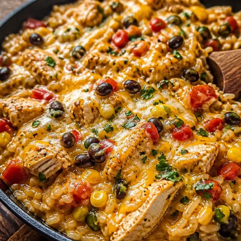 Plate of Mexican Chicken and Rice garnished with fresh cilantro and lime