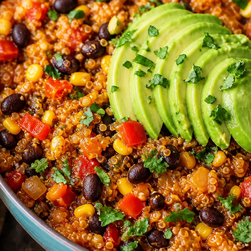 Bowl of colorful and nutritious Mexican Quinoa with fresh vegetables and spices