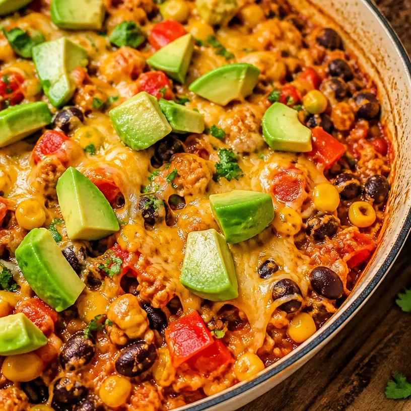 Delicious one pan enchilada skillet with vibrant ingredients and toppings