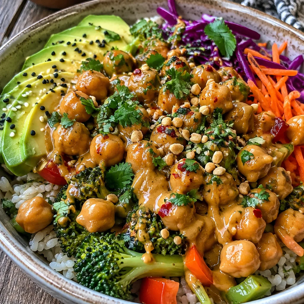 Colorful Peanut Chickpea & Veggie Bowls garnished with fresh herbs